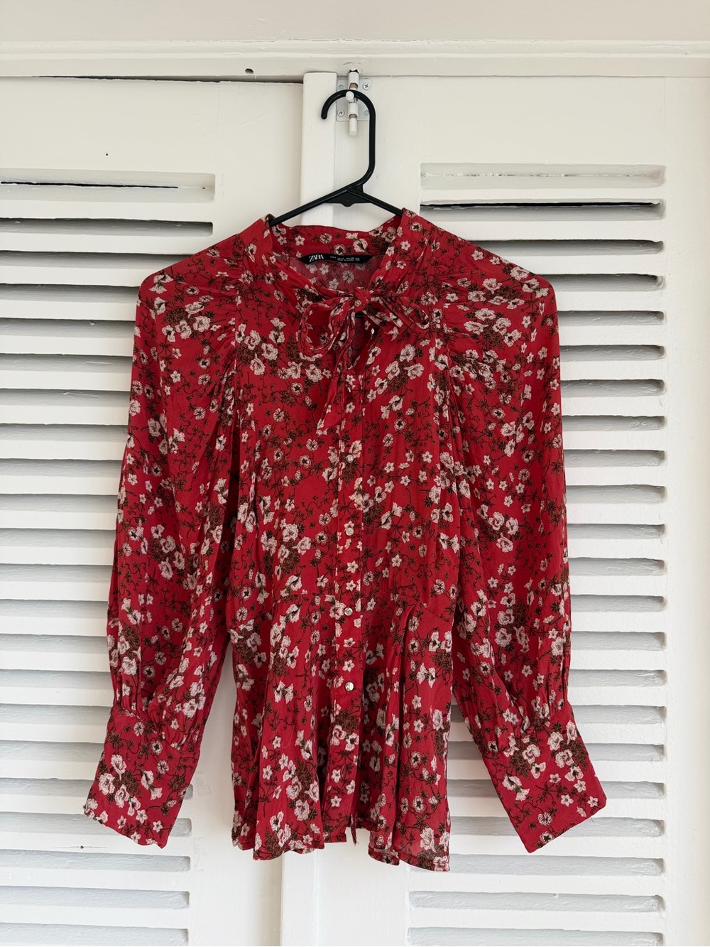 Zara Red Floral Tie-Neck Blouse